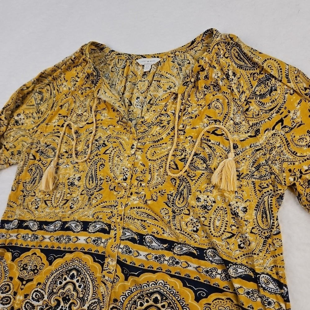 Lucky Brand L Yellow Blue Paisley V-Neck Long Sleeve Knit Blouse Tassel Tie Boho